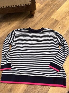 crown & ivy Navy and White Striped Long Sleeve Top with Pink Trim